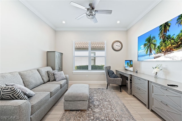 office featuring light tile patterned floors, built in desk, ornamental molding, and ceiling fan