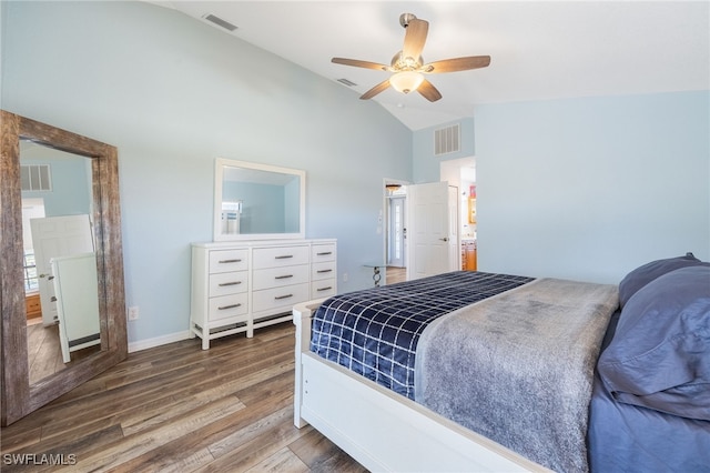 bedroom featuring hardwood / wood-style floors, high vaulted ceiling, and ceiling fan