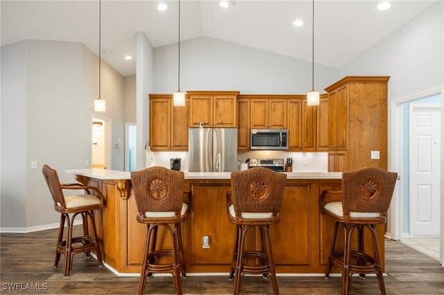 kitchen featuring pendant lighting, dark wood-type flooring, and stainless steel appliances