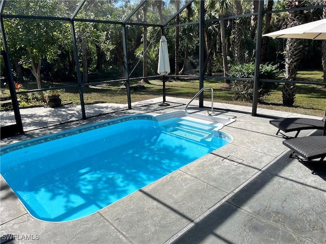 view of swimming pool featuring a lanai and a patio