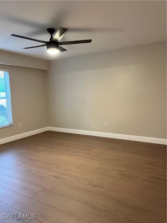 spare room with wood-type flooring and ceiling fan