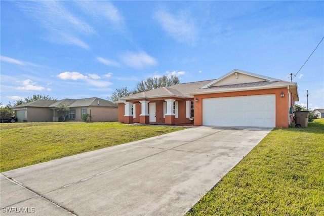 ranch-style home with a garage and a front lawn