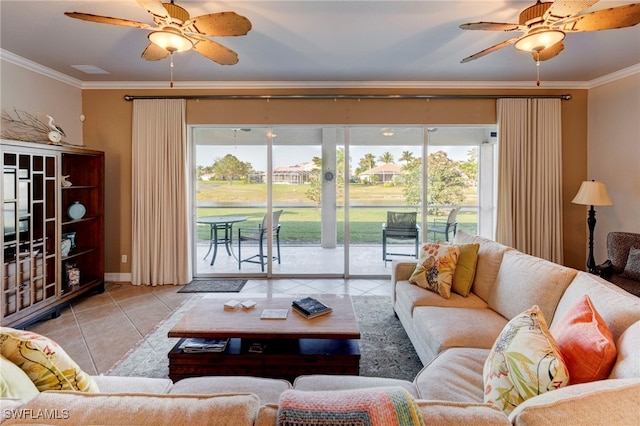 tiled living room featuring crown molding and ceiling fan