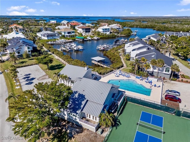 aerial view featuring a water view