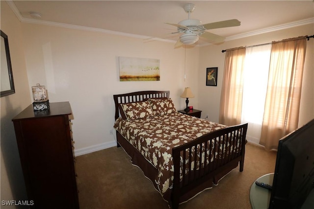 bedroom featuring ceiling fan, ornamental molding, and dark carpet