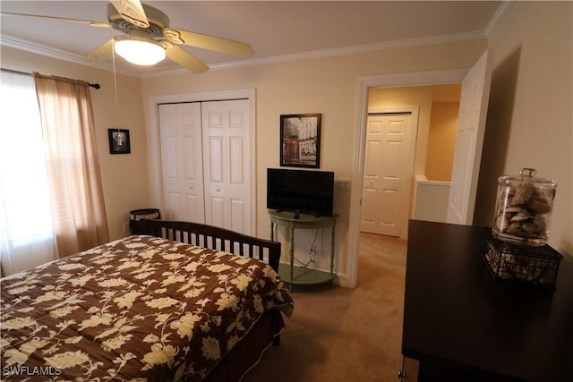 bedroom featuring multiple windows, ornamental molding, carpet flooring, and a closet