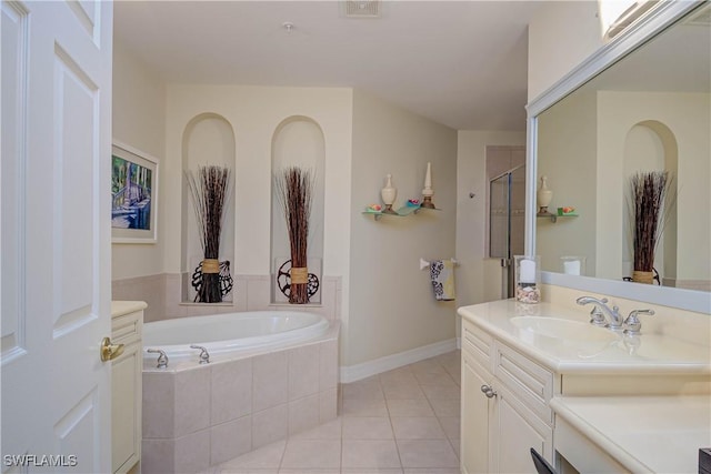 full bathroom featuring tile patterned floors, visible vents, a shower with shower door, a bath, and vanity