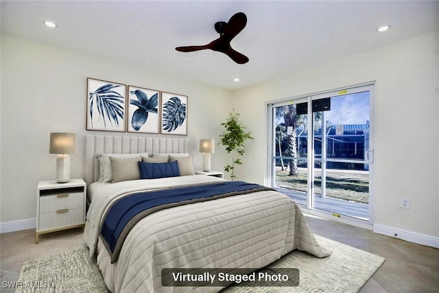 bedroom featuring access to exterior and ceiling fan