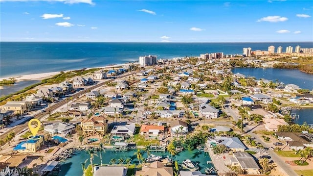 drone / aerial view featuring a water view