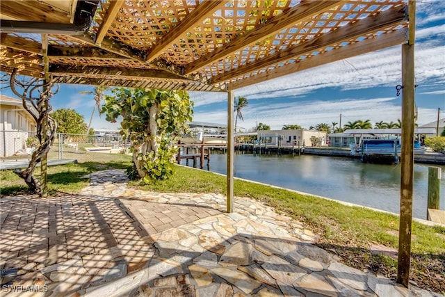 view of patio featuring a water view and a dock