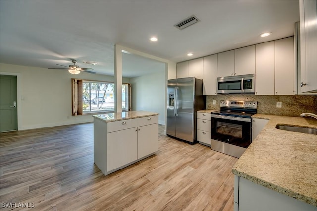 kitchen with white cabinetry, sink, backsplash, stainless steel appliances, and light hardwood / wood-style flooring