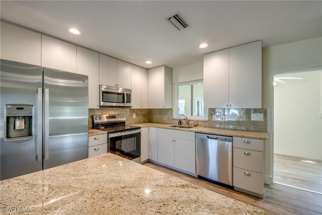 kitchen featuring sink, white cabinets, decorative backsplash, light stone counters, and stainless steel appliances