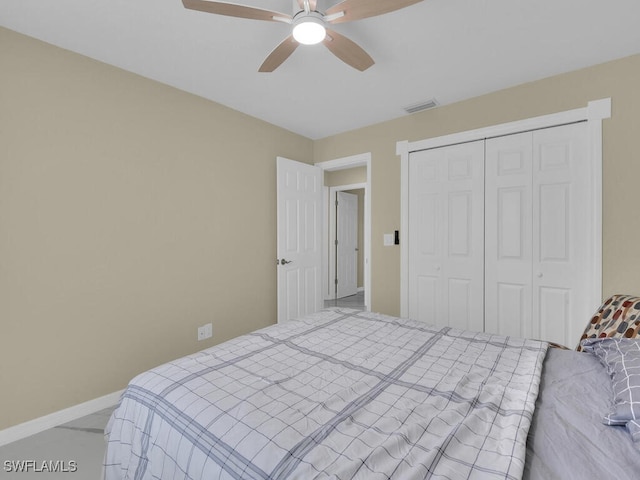 bedroom featuring a closet and ceiling fan