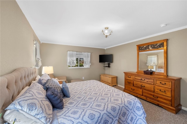 carpeted bedroom with ornamental molding