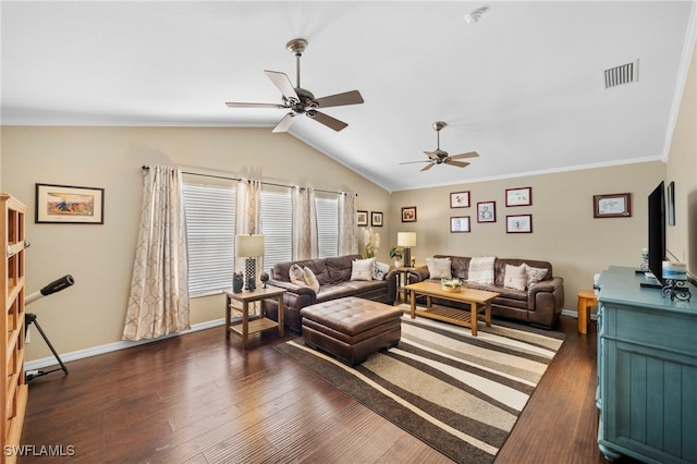 living room featuring vaulted ceiling, crown molding, ceiling fan, and dark hardwood / wood-style flooring