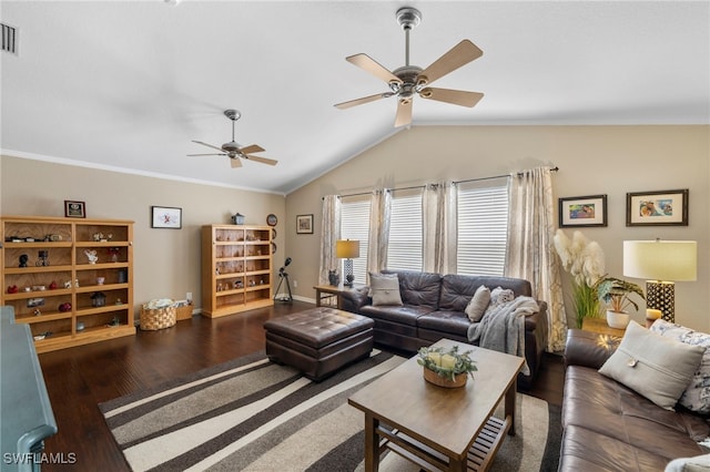 living room featuring dark wood-type flooring, ceiling fan, crown molding, and vaulted ceiling