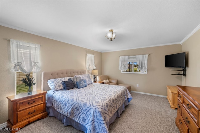 carpeted bedroom featuring ornamental molding