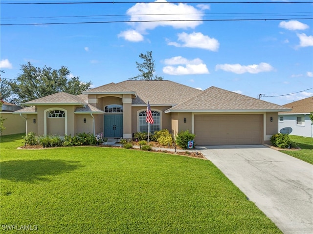 ranch-style house featuring a garage and a front yard