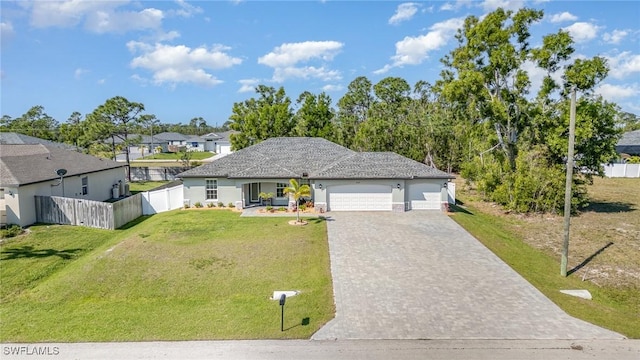 ranch-style house with an attached garage, fence, decorative driveway, a front yard, and stucco siding