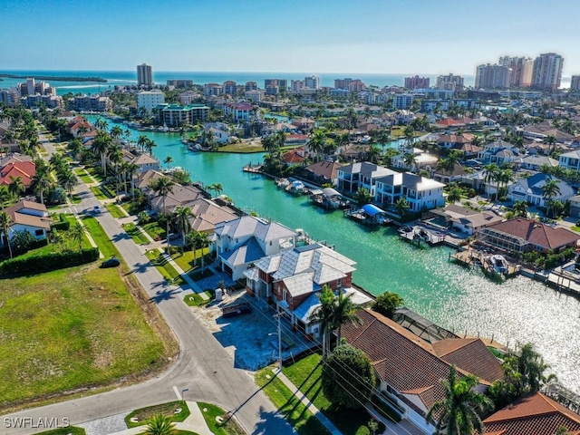 drone / aerial view featuring a water view