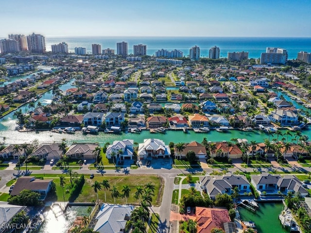 drone / aerial view with a water view