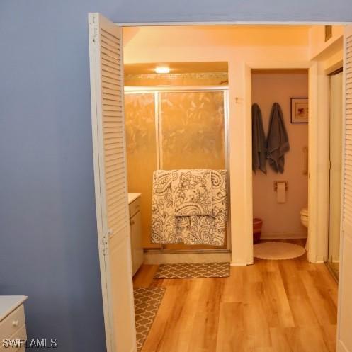 bathroom featuring vanity, toilet, and hardwood / wood-style floors