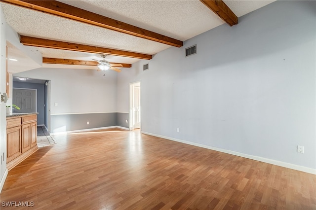 unfurnished living room with ceiling fan, beam ceiling, light hardwood / wood-style floors, and a textured ceiling