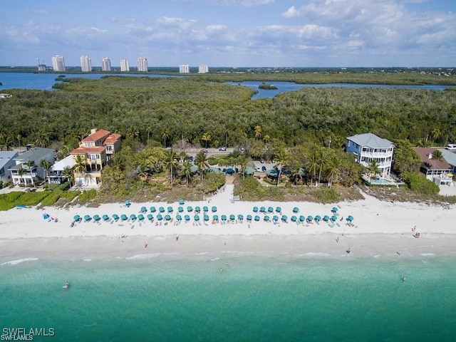 bird's eye view with a view of the beach and a water view