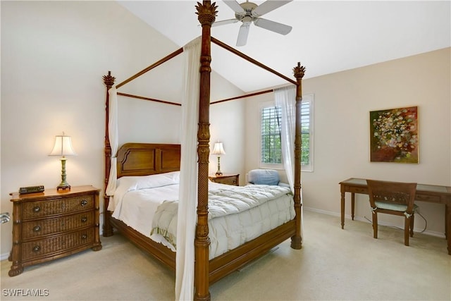 carpeted bedroom with a ceiling fan, lofted ceiling, and baseboards