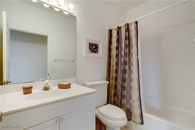 full bath with toilet, shower / tub combo with curtain, and vanity