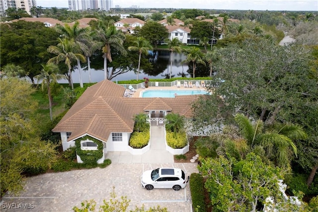 drone / aerial view featuring a water view