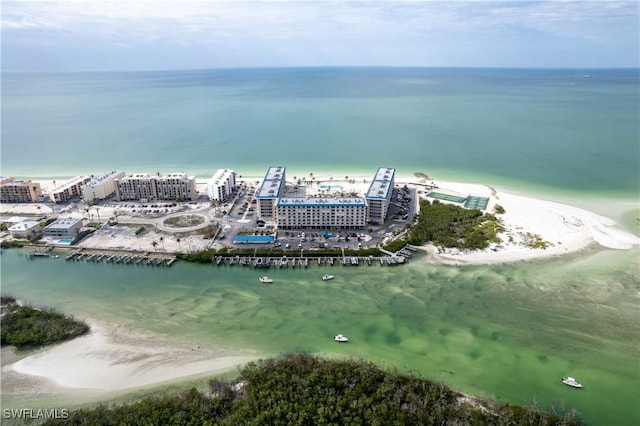 drone / aerial view with a water view and a view of the beach