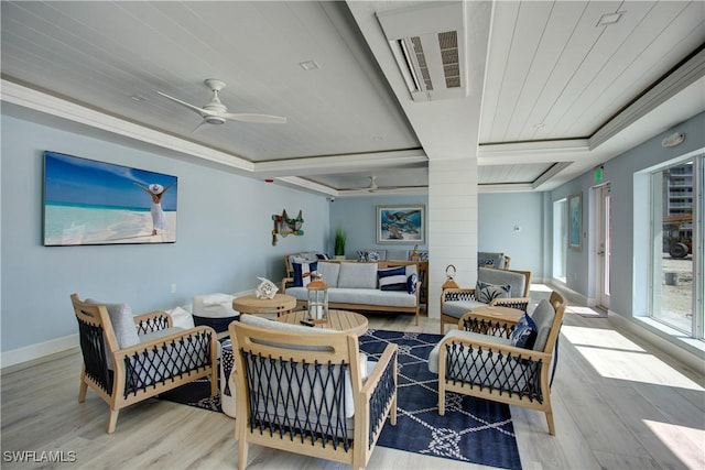 living room with ceiling fan, wooden ceiling, and light wood-type flooring