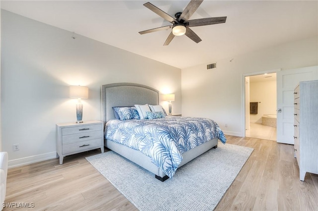 bedroom featuring light hardwood / wood-style flooring, ceiling fan, and ensuite bathroom