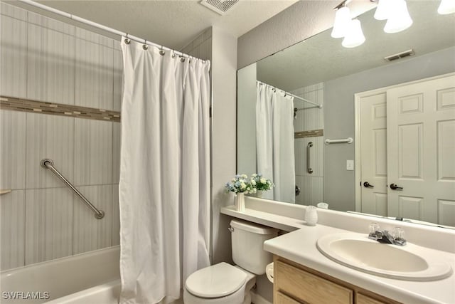 full bathroom with vanity, shower / bath combination with curtain, and toilet