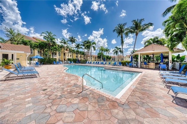 view of swimming pool featuring a gazebo and a patio area