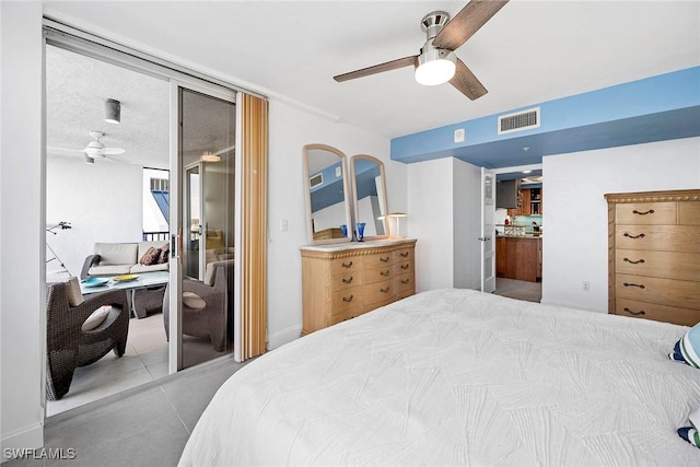 bedroom featuring ceiling fan and french doors