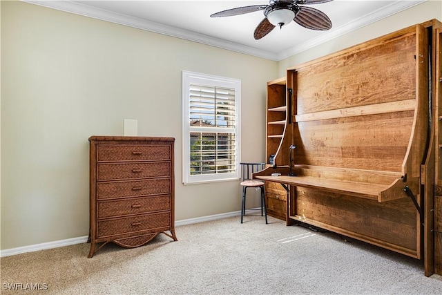 miscellaneous room featuring crown molding, light carpet, and ceiling fan