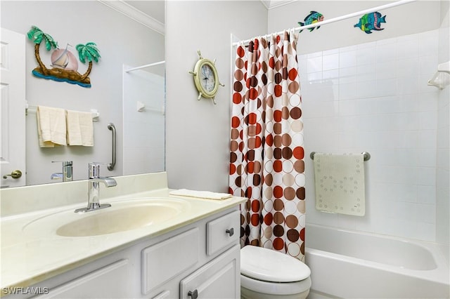 full bathroom featuring vanity, ornamental molding, shower / bath combo with shower curtain, and toilet