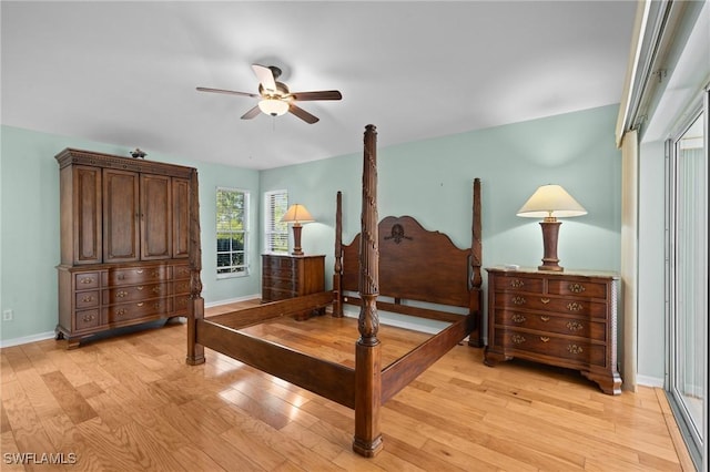 bedroom featuring ceiling fan and light hardwood / wood-style flooring