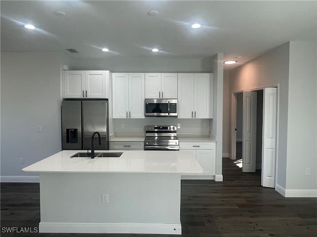 kitchen with white cabinetry, sink, an island with sink, and appliances with stainless steel finishes