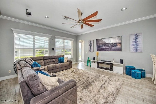 living room featuring crown molding and light hardwood / wood-style floors