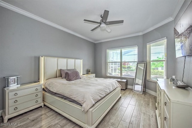 bedroom with ceiling fan, ornamental molding, and light wood-type flooring