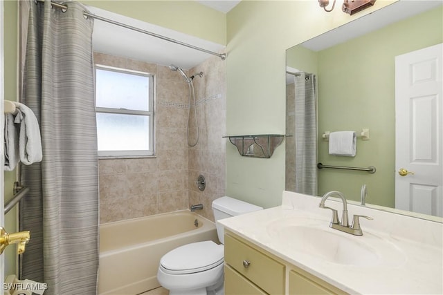 full bathroom featuring vanity, toilet, and shower / bathtub combination with curtain