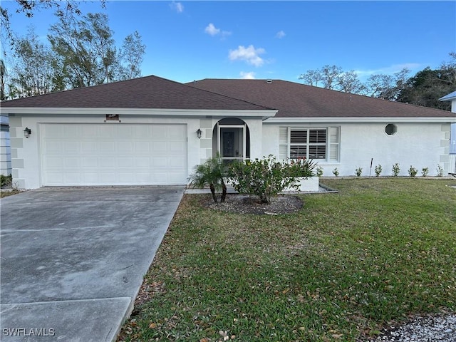 ranch-style house featuring roof with shingles, a front lawn, and stucco siding