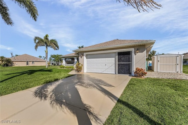 view of front of house featuring a storage shed and a front lawn