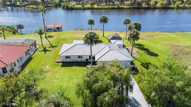 drone / aerial view featuring a water view