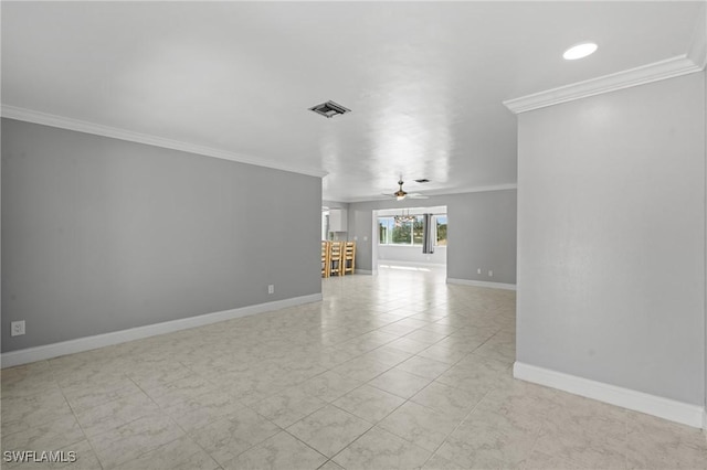 unfurnished living room with ceiling fan and ornamental molding