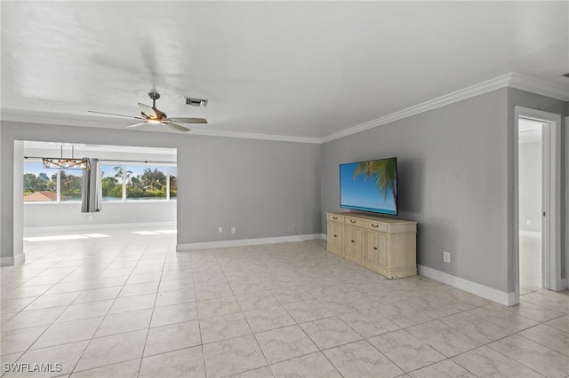 unfurnished living room with crown molding, ceiling fan, and light tile patterned flooring