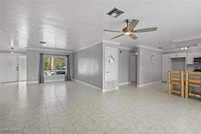 unfurnished living room featuring crown molding, ceiling fan, and light tile patterned flooring